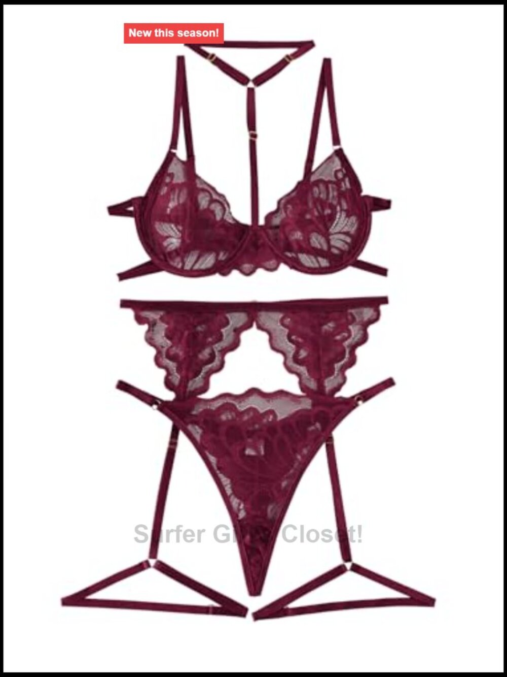Sheer Floral Lace Lingerie Set with Garter Belt and Choker - Picture 3 of 7